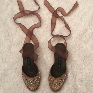 Brown Lace Up Wedges With Beaded Detail